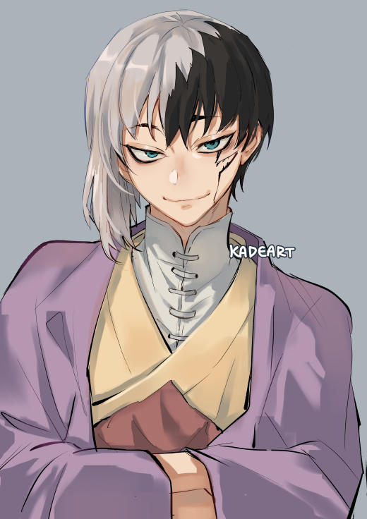 1boy artist_name asagiri_gen bangs black_hair blue_eyes closed_mouth dr._stone facial_mark grey_background grey_hair hands_in_opposite_sleeves jacket kadeart looking_at_viewer male_focus multicolored_hair purple_jacket short_hair simple_background smile solo two-tone_hair upper_body