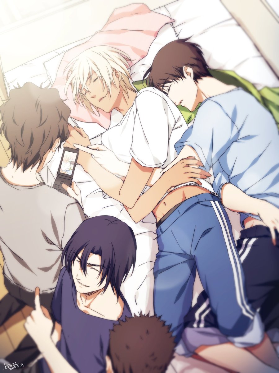 5boys amuro_tooru bangs black_hair black_shirt blonde_hair blue_pants blue_shirt blue_shorts blurry brown_hair casual cellphone closed_eyes closed_mouth collarbone commentary_request date_wataru dated depth_of_field facial_hair facing_away flip_phone futon grey_shirt hagiwara_kenji hair_between_eyes highres holding holding_phone indoors kouno_kb looking_at_phone lying male_focus matsuda_jinpei meitantei_conan midriff multiple_boys navel on_bed on_side out_of_frame pants parted_lips phone pillow pointing_at_another scotch_(meitantei_conan) shirt short_hair short_sleeves shorts signature sleeping smile stubble taking_picture white_shirt wooden_floor