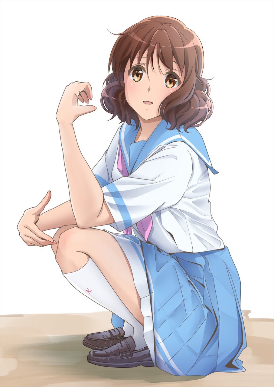 1girl blue_sailor_collar blue_skirt blush brown_eyes brown_footwear brown_hair hibike!_euphonium highres kitauji_high_school_uniform kneehighs looking_at_viewer matebashi neckerchief open_mouth oumae_kumiko pink_neckwear pleated_skirt sailor_collar school_uniform serafuku shirt shoes short_hair short_sleeves skirt smile socks solo squatting white_background white_legwear white_shirt