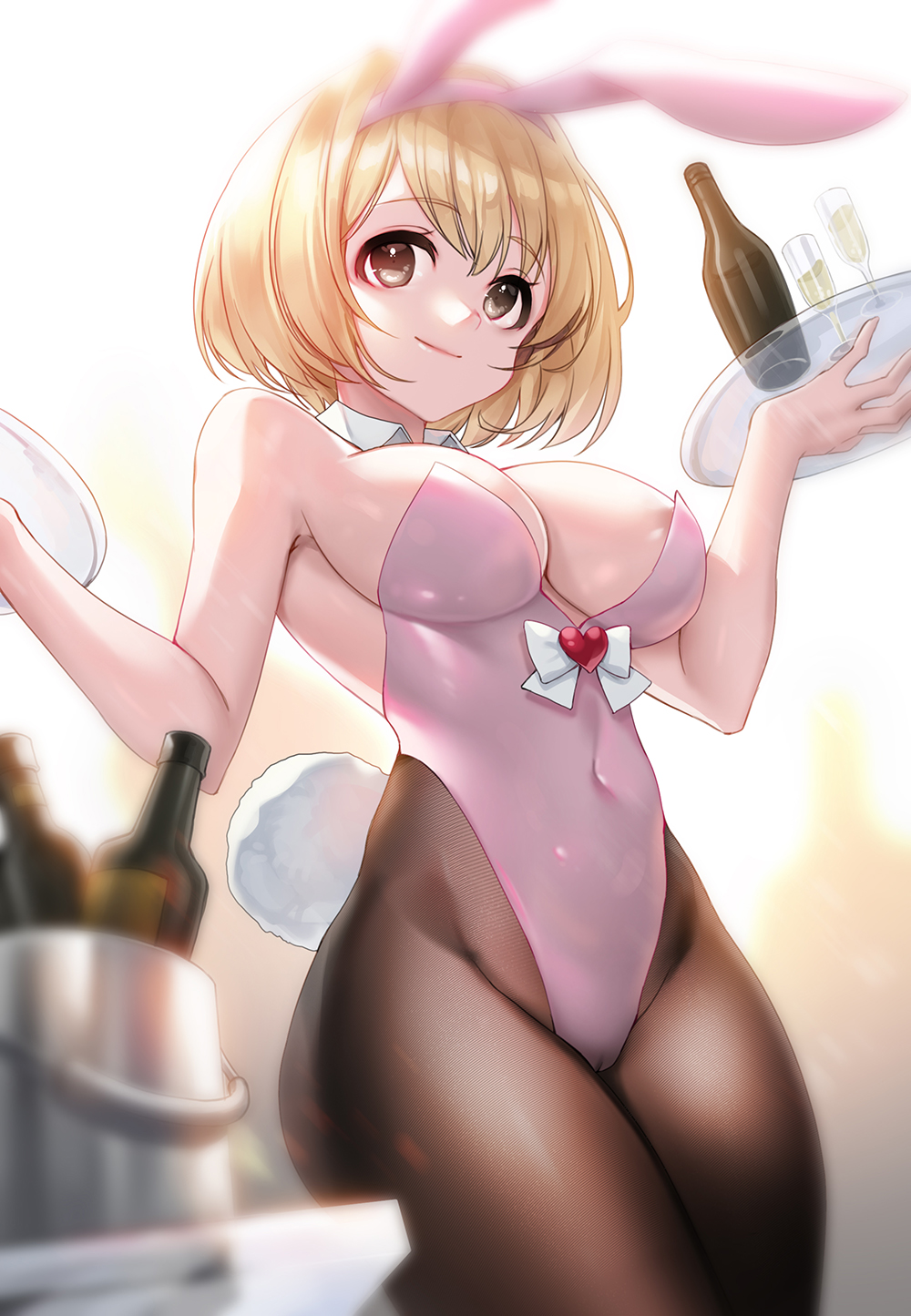 1girl animal_ears blonde_hair blurry bottle breasts brown_eyes bunny_tail covered_navel cowboy_shot cup depth_of_field detached_collar djeeta_(granblue_fantasy) drinking_glass fishnet_legwear fishnets granblue_fantasy highleg highleg_leotard highres leotard medium_breasts pantyhose picter pink_leotard playboy_bunny rabbit_ears short_hair solo strapless strapless_leotard tail white_background wine_glass