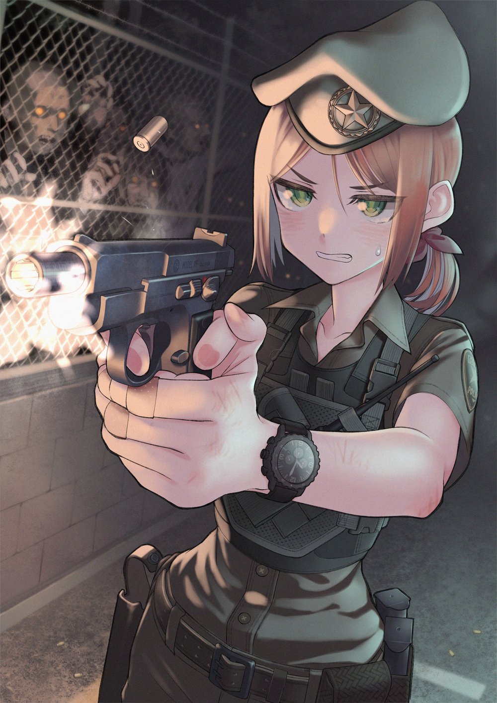 1girl bandaid belt belt_pouch beret bulletproof_vest clenched_teeth commentary_request fence finger_on_trigger firing green_eyes hat highres holster orange_hair original pouch samaru_(seiga) scrape shell_casing sweatdrop teeth watch watch weapon_request zombie