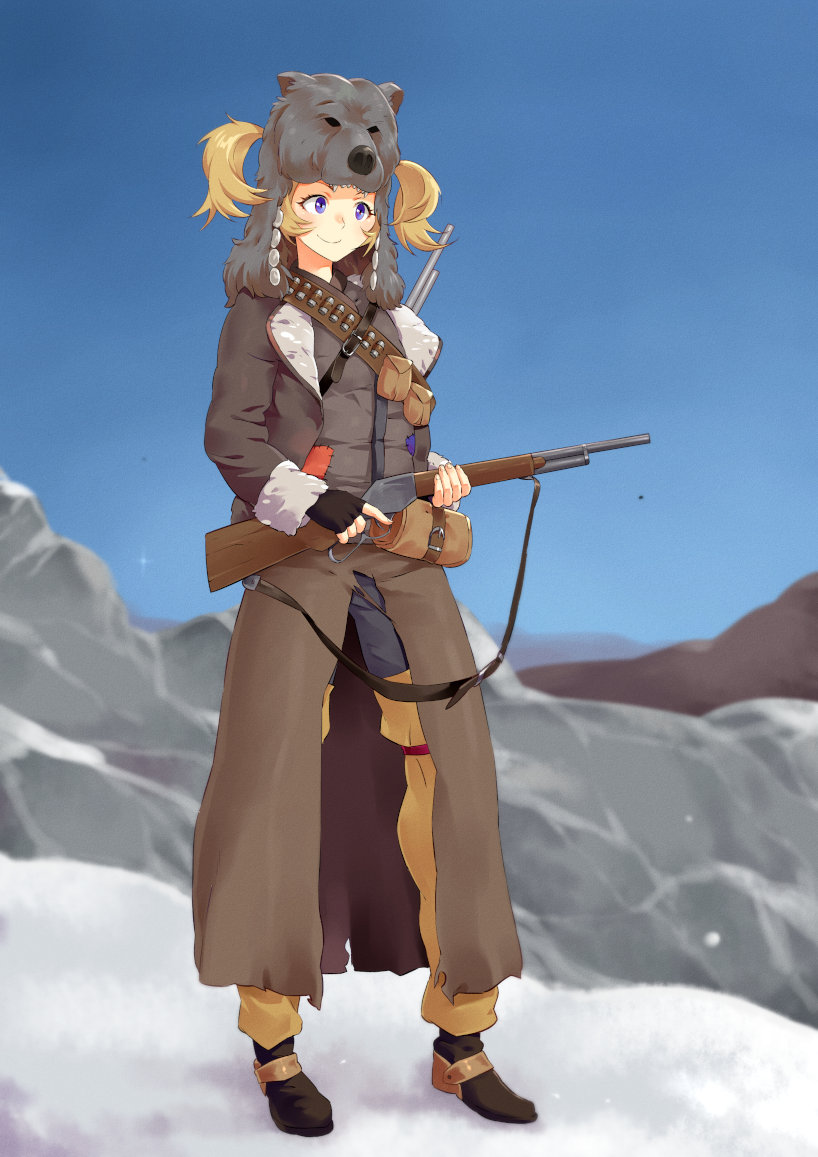 1girl bear_costume bear_hood blonde_hair fire_emblem fire_emblem:_kakusei fire_emblem_awakening lissa_(fire_emblem) mountain pigtails red_dead_redemption shotgun