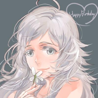 1girl ahoge bangs bare_shoulders closed_mouth fire_emblem fire_emblem_fates flower grey_background grey_eyes headshot heart holding holding_flower long_hair looking_at_viewer lowres ophelia_(fire_emblem) silver_hair ttnaicbsr