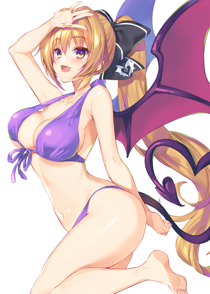 1girl bikini breasts bucchake_(asami) demon_girl demon_tail demon_wings fang heart_tail large_breasts long_hair looking_at_viewer multicolored multicolored_eyes navel orange_eyes orange_hair original ponytail purple_bikini simple_background smile solo swimsuit tail thighs very_long_hair violet_eyes white_background wings