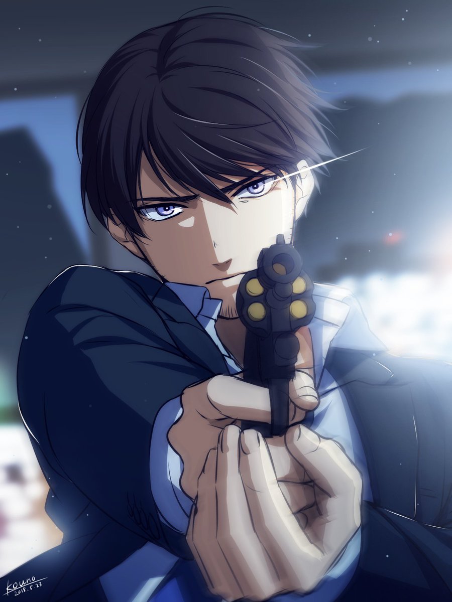 1boy aiming_at_viewer bangs black_hair blue_jacket blurry blurry_background closed_mouth collared_shirt commentary_request dated depth_of_field facial_hair fingernails gun hair_between_eyes handgun highres holding holding_gun holding_weapon jacket kouno_kb long_sleeves looking_at_viewer male_focus meitantei_conan scotch_(meitantei_conan) serious shirt short_hair signature solo stubble upper_body violet_eyes weapon white_shirt