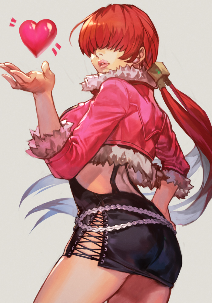 1girl ass breasts dress from_side fur_trim hair_over_eyes hankuri heart hankuri jacket large_breasts lips long_hair pink_jacket ponytail redhead shermie_(kof) skirt snk solo the_king_of_fighters the_king_of_fighters_xv thick_lips traditional_media