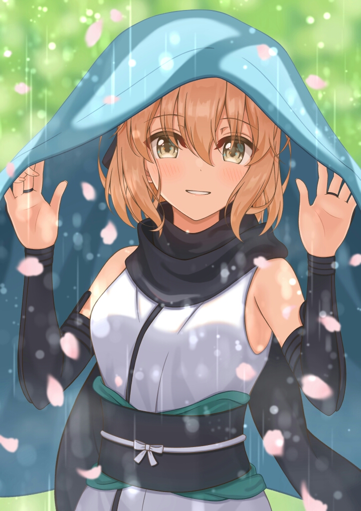 1girl arm_guards black_bow black_scarf blonde_hair bow cherry_blossoms fate/grand_order fate_(series) hair_bow half_updo haori haori_removed japanese_clothes kimono matsuba_moco obi okita_souji_(fate) okita_souji_(fate)_(all) petals rain sash scarf shinsengumi sleeveless sleeveless_kimono solo upper_body white_kimono yellow_eyes