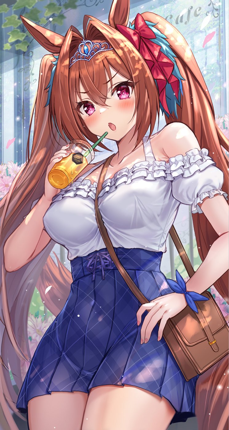 1girl akabane_(zebrasmise) animal_ears bag between_breasts blue_ribbon blue_skirt bow breasts brown_hair building collarbone cowboy_shot cup daiwa_scarlet_(umamusume) day drinking_straw frilled_shirt frills hair_bow hair_intakes high-waist_skirt highres holding holding_cup horse_ears horse_girl horse_tail looking_at_viewer open_mouth outdoors pink_eyes plant pleated_skirt puffy_short_sleeves puffy_sleeves ribbon shirt short_sleeves shoulder_bag skirt solo standing tail tiara twintails umamusume white_shirt wrist_ribbon