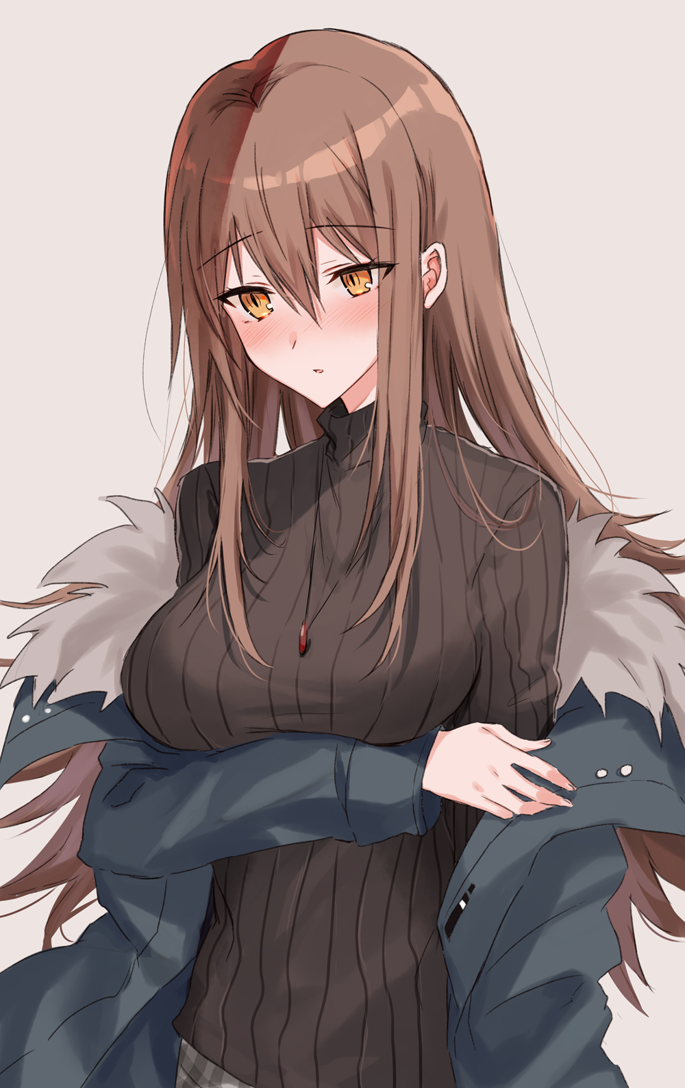 1girl bangs black_sweater blue_jacket blush brown_eyes brown_hair eyebrows_visible_through_hair fur-trimmed_jacket fur_trim grey_background hair_between_eyes highres jacket jewelry kinona long_hair long_sleeves looking_at_viewer nose_blush off_shoulder open_clothes open_jacket original parted_lips pendant ribbed_sweater simple_background solo sweater turtleneck turtleneck_sweater upper_body very_long_hair
