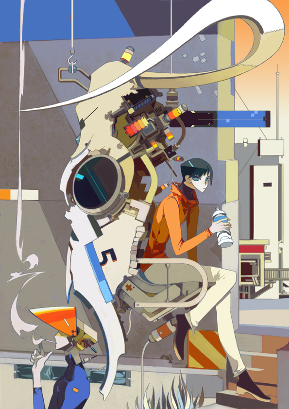 1boy black_footwear black_hair blue_eyes blue_shirt bottle cigarette cyborg long_sleeves looking_at_viewer miki_0 orange_shirt original pants plant shirt shoes short_hair smoke smoking white_pants wide_shot