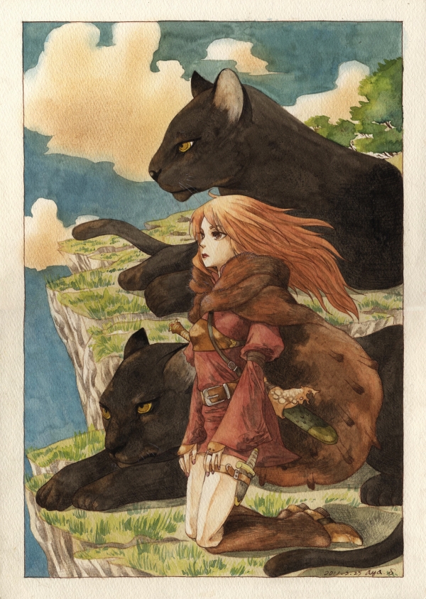 1girl animal bangs belt blue_sky boots border brown_belt brown_cape brown_eyes brown_footwear bush cape cliff closed_mouth clouds commentary_request cougar_(animal) dagger dated dress fantasy fur_cape grass juliet_sleeves kneeling long_hair long_sleeves looking_afar nori_(sleepingbard) orange_hair original outdoors puffy_sleeves red_dress scabbard sheath signature sky thigh_strap traditional_media weapon white_border