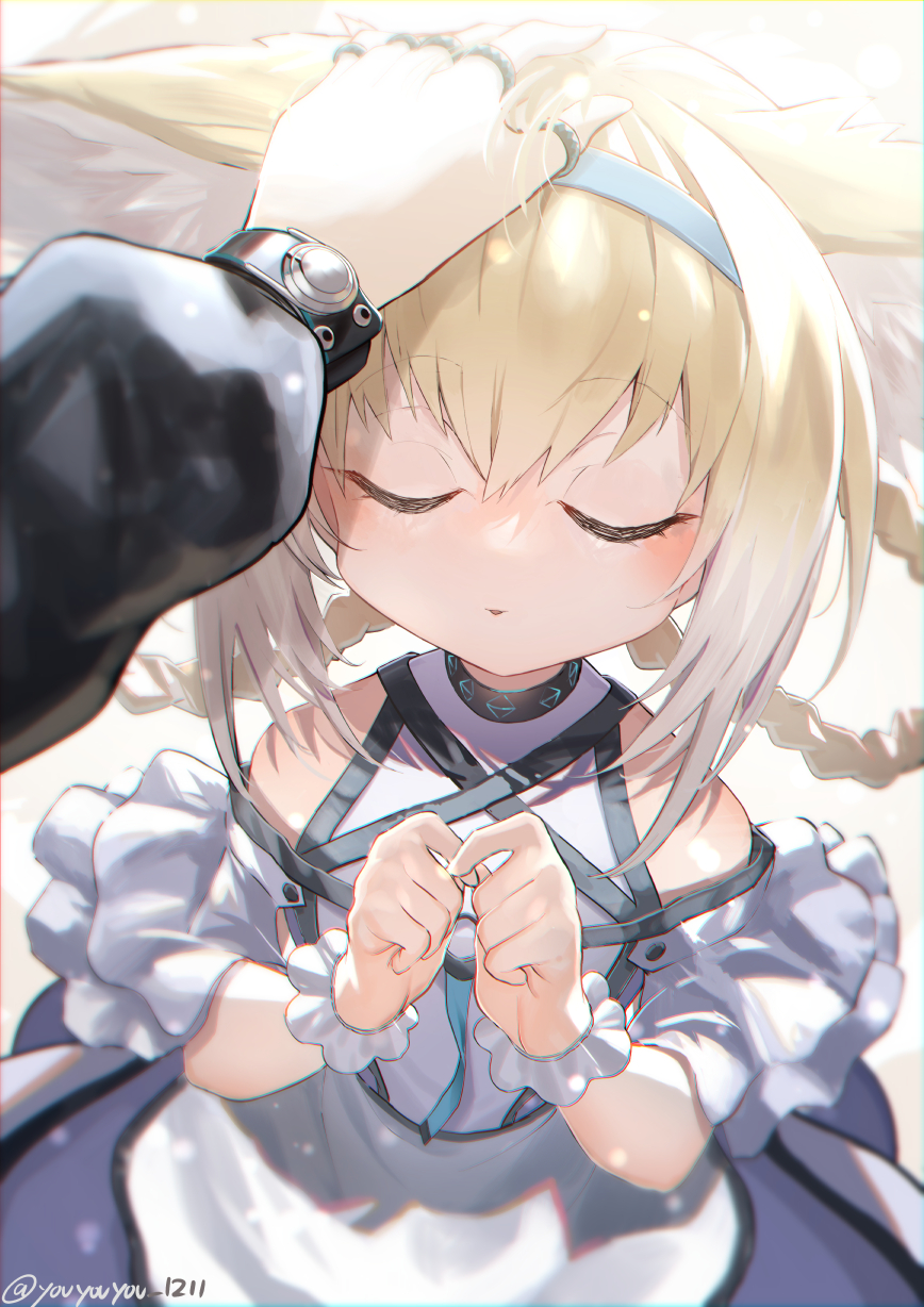 2girls amiya_(arknights) animal_ear_fluff animal_ears arknights bare_shoulders black_choker blonde_hair blush braid choker closed_eyes colored_tips commentary_request fox_ears fox_girl gloves hairband hand_on_another's_head highres infection_monitor_(arknights) jewelry looking_at_viewer multicolored_hair multiple_girls open_mouth out_of_frame ring smile solo solo_focus suzuran_(arknights) twin_braids twitter_username two-tone_hair upper_body white_background white_hair wrist_cuffs youyouyou_1211