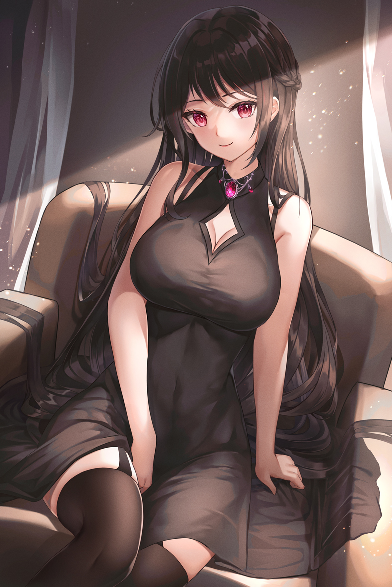1girl bangs black_dress black_legwear braid brown_hair clothing_cutout couch covered_navel dress french_braid garter_straps hand_on_own_thigh jewelry long_hair looking_at_viewer lunacle necklace original pink_eyes sidelocks sitting sleeveless sleeveless_dress smile solo thigh-highs very_long_hair