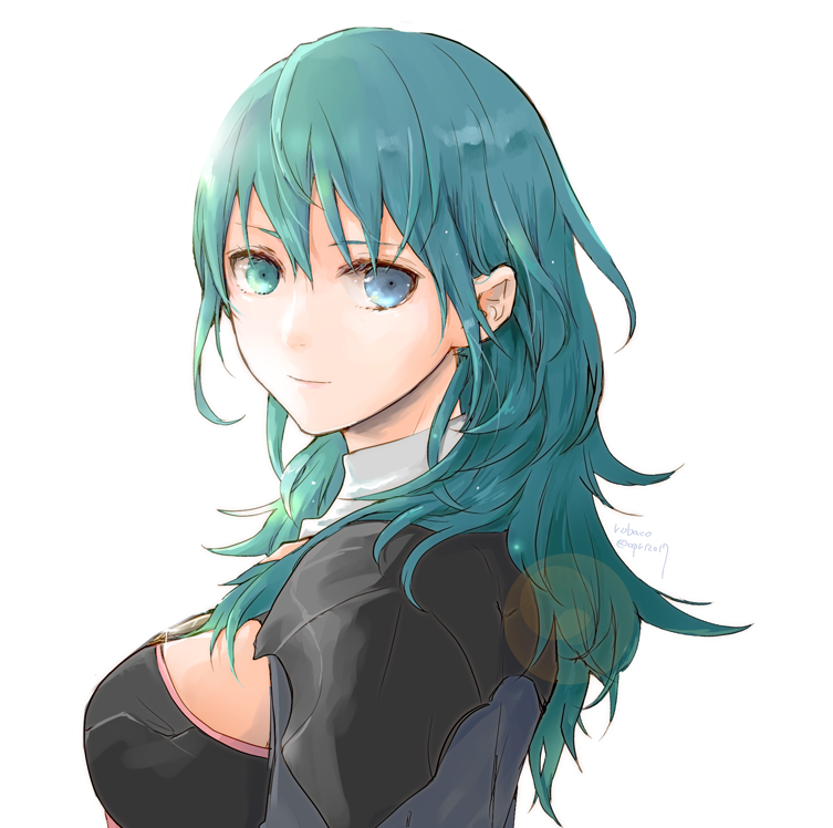 1girl bangs blue_eyes blue_hair breasts byleth_(fire_emblem) byleth_eisner_(female) closed_mouth fire_emblem fire_emblem:_three_houses from_side hair_between_eyes lens_flare long_hair looking_at_viewer medium_breasts robaco shiny shiny_hair simple_background smile solo straight_hair upper_body white_background