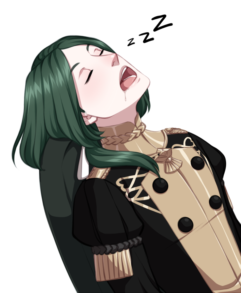 1boy black_jacket closed_eyes commentary crimsonsnows english_commentary fire_emblem fire_emblem:_three_houses garreg_mach_monastery_uniform green_hair jacket juliet_sleeves linhardt_von_hevring long_hair long_sleeves male_focus puffy_sleeves sleeping transparent_background upper_body zzz