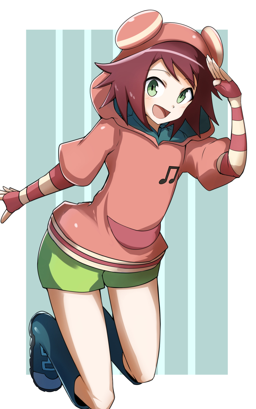 1girl :d bangs boots elbow_gloves eyebrows_visible_through_hair fingerless_gloves full_body gin_moku gloves green_eyes highres hood hoodie looking_at_viewer mega_man_(series) mega_man_star_force musical_note open_mouth pink_hair short_hair shorts simple_background smile solo sonia_strumm_(mega_man)