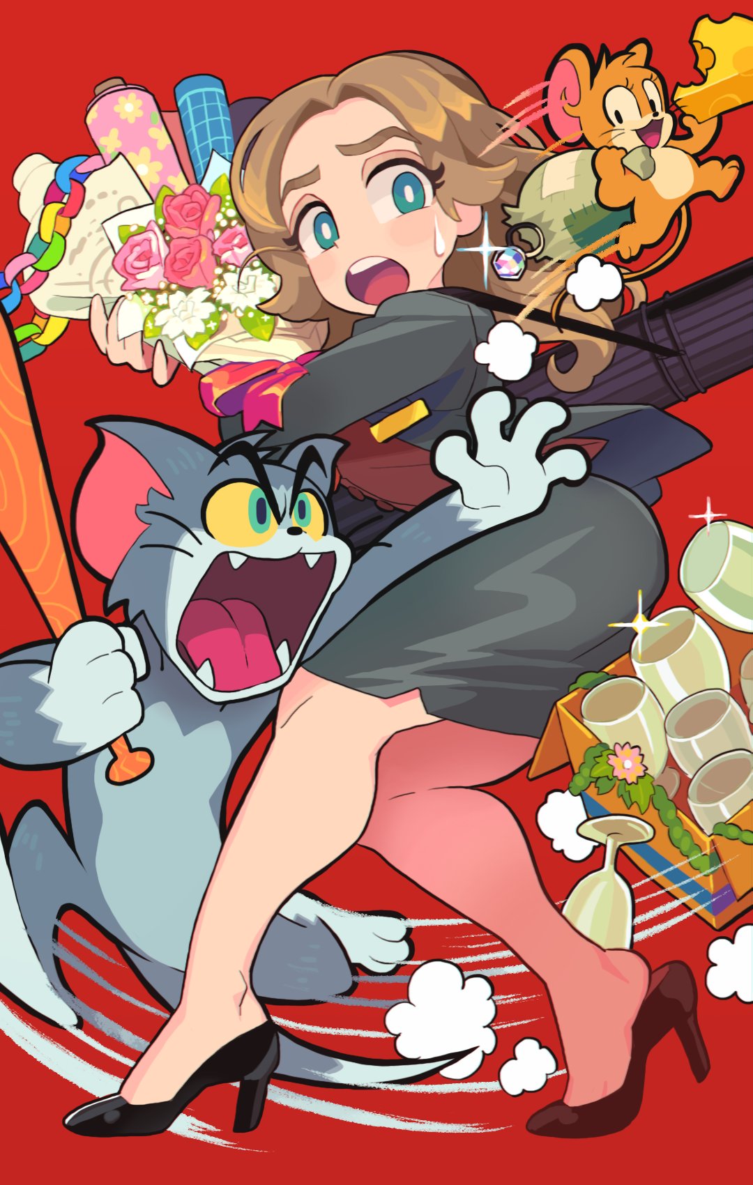 1girl aqua_eyes baseball_bat black_footwear black_skirt blush bouquet box bright_pupils brown_hair cat cheese cup flower food gashi-gashi glint high_heels highres jerry_(tom_and_jerry) jewelry kayla_(tom_and_jerry) mouse open_mouth pink_flower red_background ring simple_background skirt tom_(tom_and_jerry) tom_and_jerry white_flower white_pupils
