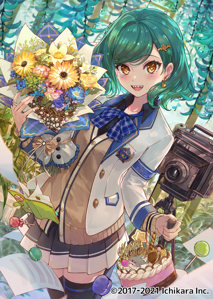1girl armband bangs bellows_camera birthday_cake blazer blue_flower blue_neckwear book bouquet bow bowtie cake camera candy cardigan company_name csyday earrings flower food green_hair holding holding_bouquet jacket jewelry kitakouji_hisui lollipop long_sleeves looking_at_viewer nijisanji open_mouth paper pink_flower plaid_neckwear plant ribbon sharp_teeth solo standing teeth thigh-highs two-tone_skirt virtual_youtuber white_flower white_jacket yellow_cardigan yellow_eyes yellow_flower yellow_ribbon