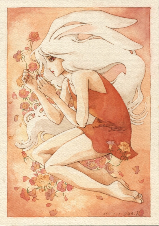 1girl animal_ears barefoot border closed_mouth commentary_request dated dress fantasy flower full_body long_hair looking_at_viewer looking_to_the_side nail_polish nori_(sleepingbard) original petals pink_border rabbit_ears red_dress red_eyes red_flower signature solo traditional_media very_long_hair white_border white_hair yellow_flower