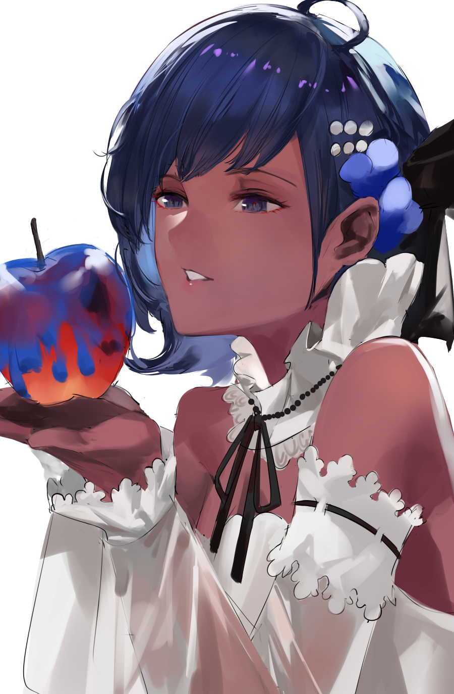 1girl apple bangs bare_shoulders blazpu breasts dark_skin dark-skinned_female detached_collar detached_sleeves dress fate/grand_order fate/prototype fate/prototype:_fragments_of_blue_and_silver fate_(series) food fruit hair_ornament hassan_of_serenity_(fate) highres medium_breasts parted_lips purple_hair short_hair violet_eyes white_dress