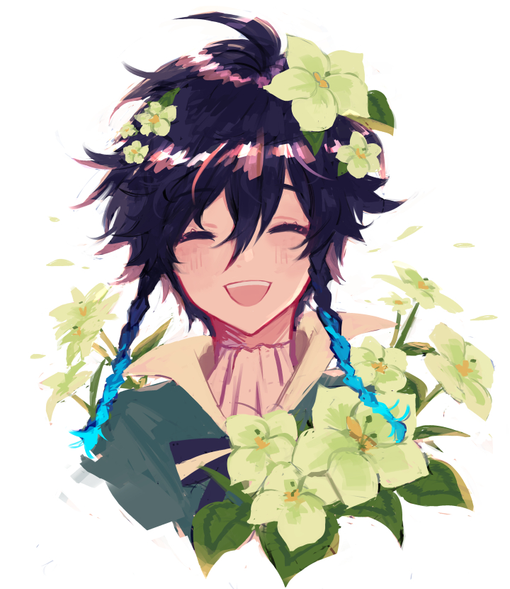 1boy ahoge aqua_hair bangs black_hair blush bow bowtie braid cape closed_eyes cropped_torso flower genshin_impact green_cape green_flower hair_between_eyes hair_flower hair_ornament male_focus open_mouth side_braids simple_background solo suke_81 upper_body venti_(genshin_impact) white_background