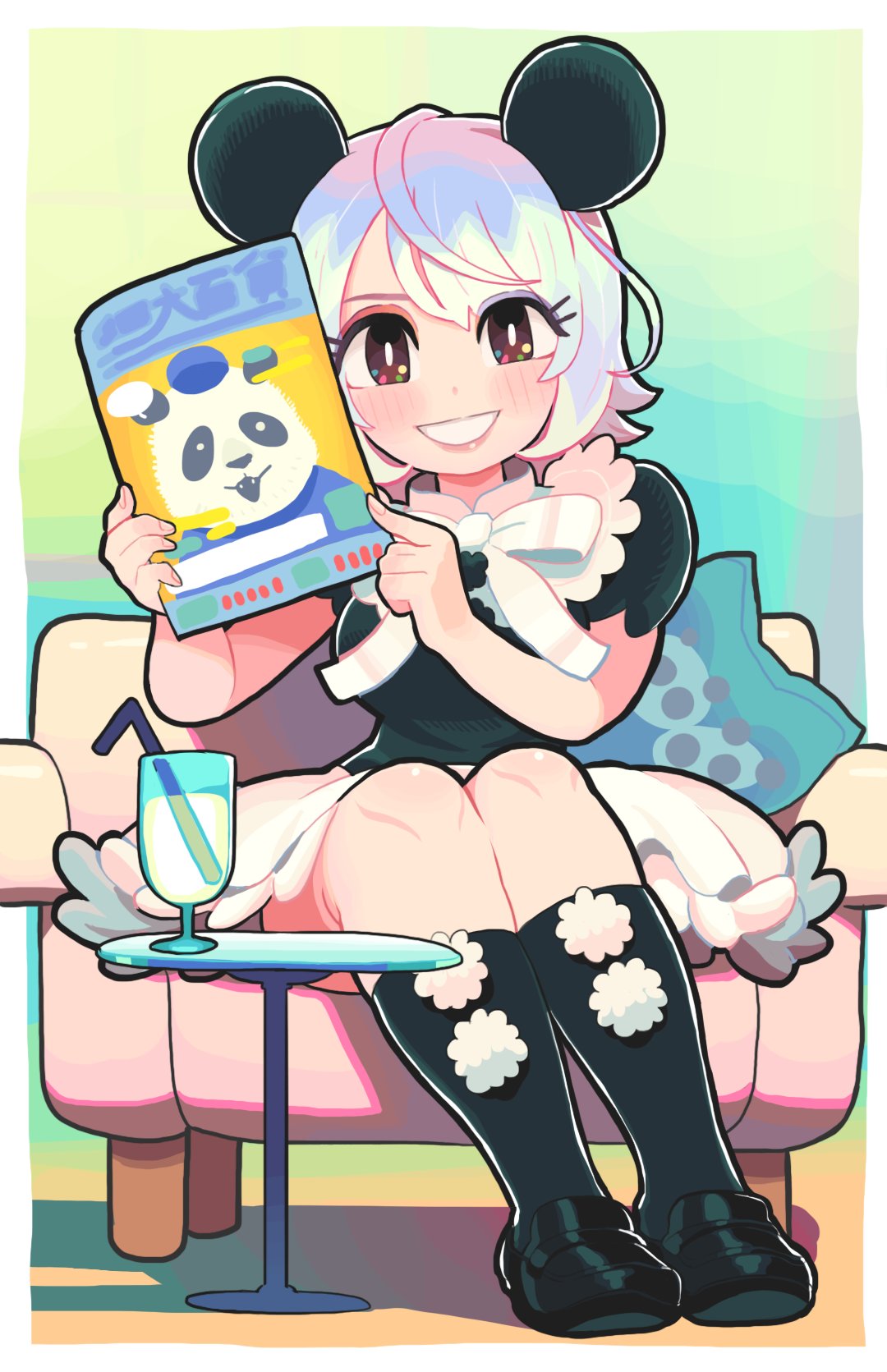 1girl animal_ears black_footwear black_legwear blush brown_eyes chair cup dress drinking_straw full_body gashi-gashi hands_up highres looking_at_viewer medium_hair multicolored_hair original panda panda_ears parted_lips shadow shoes short_sleeves sitting smile socks solo white_hair