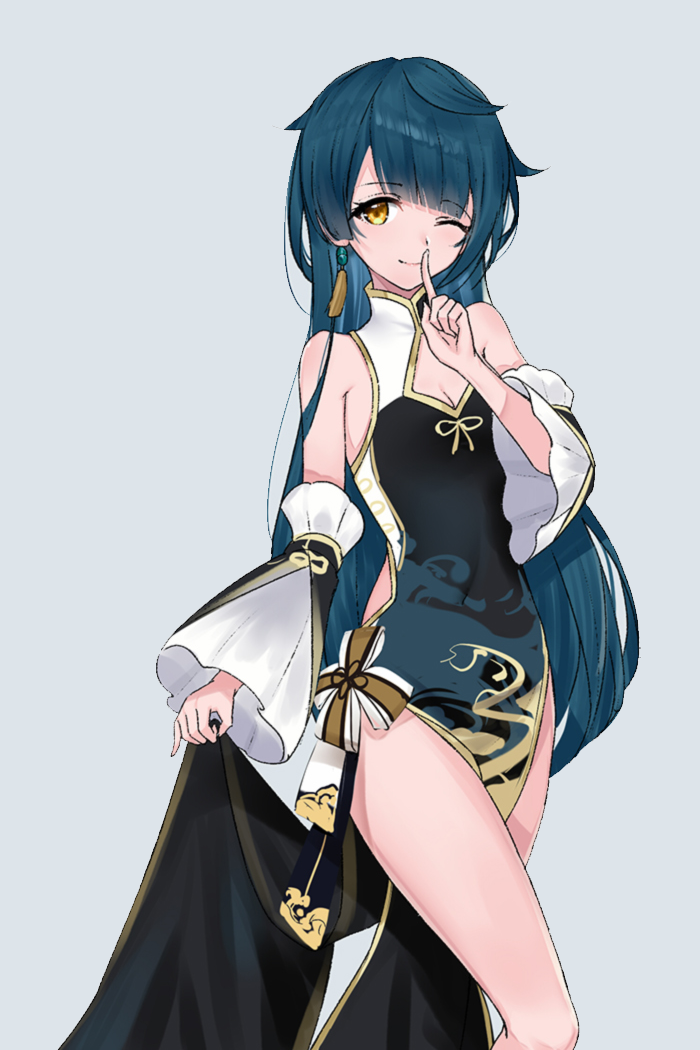 1girl bangs blue_hair china_dress chinese_clothes dress earrings finger_to_mouth frilled_sleeves frills genderswap genderswap_(mtf) genshin_impact hand_up jewelry kakeru_(kakeru) lifted_by_self long_hair long_sleeves looking_at_viewer no_bra one_eye_closed simple_background smile solo very_long_hair xingqiu_(genshin_impact) yellow_eyes