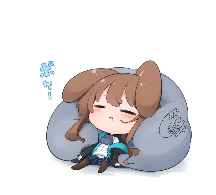 1girl =_= amiya_(arknights) animal_ears arknights beni_shake black_jacket blue_skirt blush brown_hair brown_legwear chibi closed_eyes commentary_request drooling facing_viewer hood hood_down hooded_jacket jacket long_hair long_sleeves no_shoes off_shoulder pantyhose parted_lips pillow pleated_skirt rabbit_ears saliva shadow shirt signature skirt sleeves_past_wrists solo translation_request very_long_hair white_background white_shirt