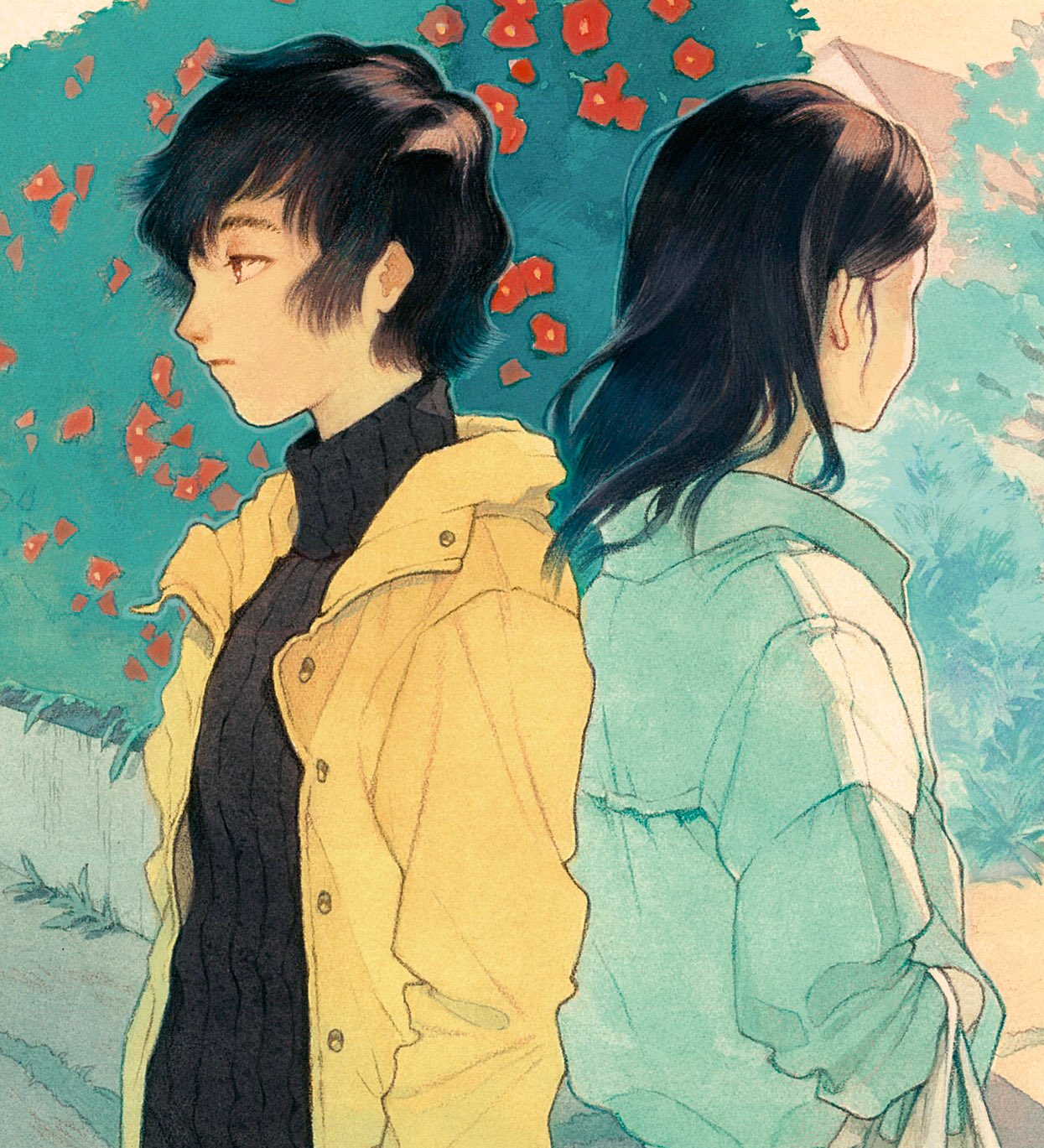 1boy 1girl black_hair black_shirt bush expressionless facing_away flower highres jacket kan0nakan0 long_hair original outdoors plant profile red_flower shirt short_hair upper_body white_jacket yellow_jacket