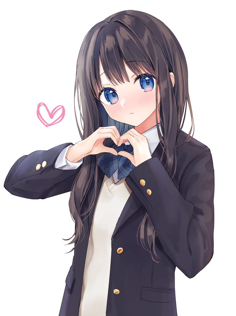 1girl bangs black_hair black_jacket blazer blue_bow blue_eyes blue_neckwear blush bow bowtie closed_mouth collared_shirt commentary_request eyebrows_visible_through_hair head_tilt heart jacket long_hair long_sleeves looking_at_viewer open_blazer open_clothes open_jacket original rimo school_uniform shirt simple_background solo sweater_vest vest white_background white_shirt