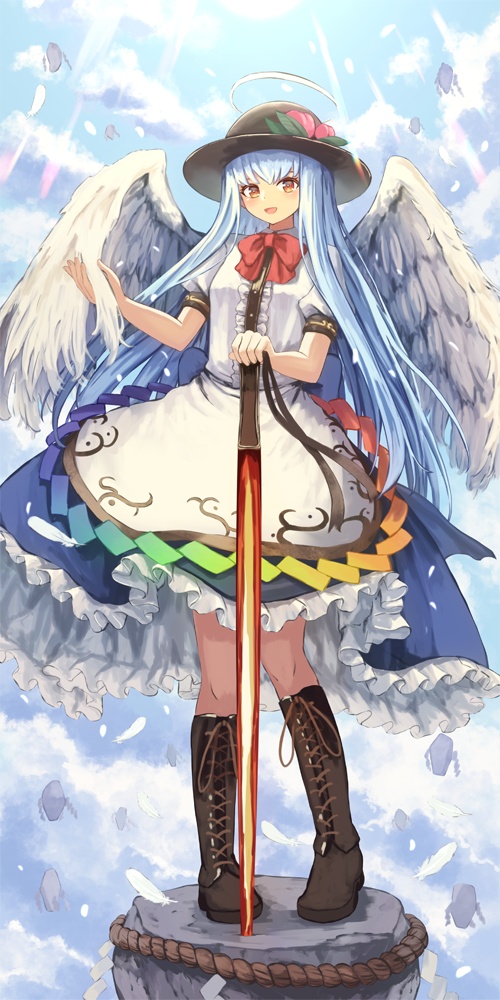 1girl :d angel_wings bangs black_headwear blue_hair blue_skirt blush boots bow bowtie breasts brown_footwear center_frills clouds cloudy_sky commentary_request day eyebrows_behind_hair floating_island frills full_body hat hinanawi_tenshi knee_boots light_rays long_hair looking_at_viewer ookashippo open_mouth outdoors petticoat planted_sword planted_weapon puffy_short_sleeves puffy_sleeves red_bow red_eyes red_neckwear shirt short_sleeves skirt sky small_breasts smile solo standing sunlight sword sword_of_hisou touhou very_long_hair weapon white_shirt wings