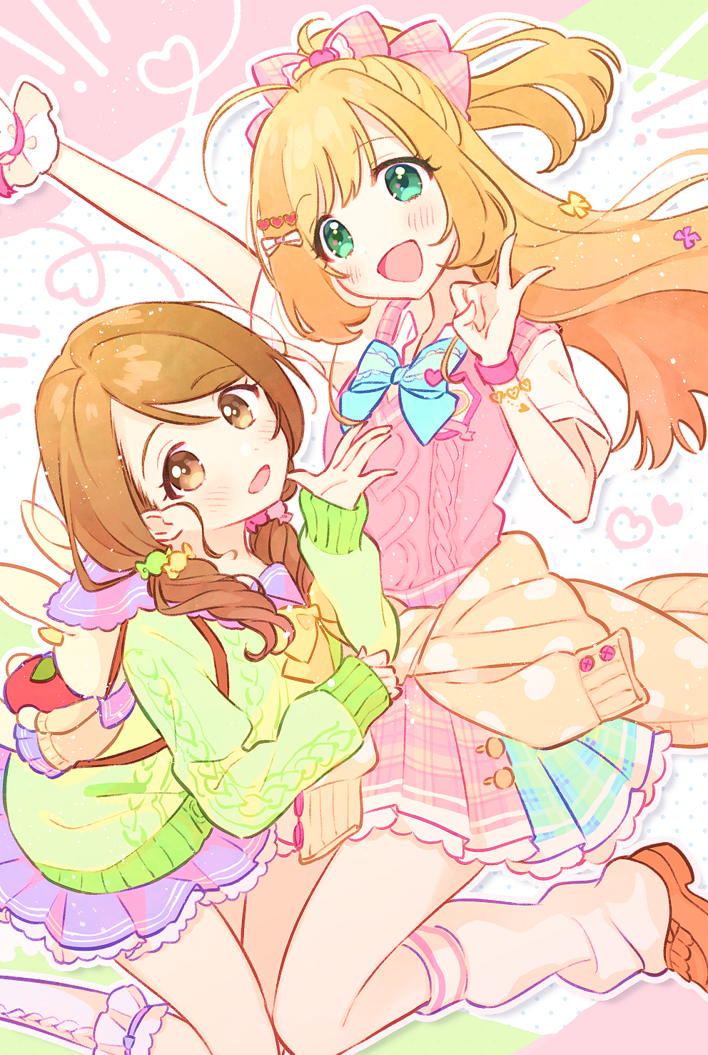 2girls :d :o blonde_hair blush bow bowtie bracelet brown_hair candy_hair_ornament cardigan clothes_around_waist cowboy_shot food_themed_hair_ornament frilled_skirt frills green_cardigan hair_bow hair_ornament heart heart_hair_ornament heart_print highres idolmaster idolmaster_cinderella_girls idolmaster_cinderella_girls_starlight_stage jewelry looking_at_viewer loose_socks mameyanagi mochida_arisa multiple_girls open_collar open_mouth outstretched_arm palms pink_vest pleated_skirt ringlets satou_shin school_uniform scrunchie short_sleeves skirt sleeves_past_wrists smile stuffed_animal stuffed_bunny stuffed_toy twintails v vest wrist_scrunchie
