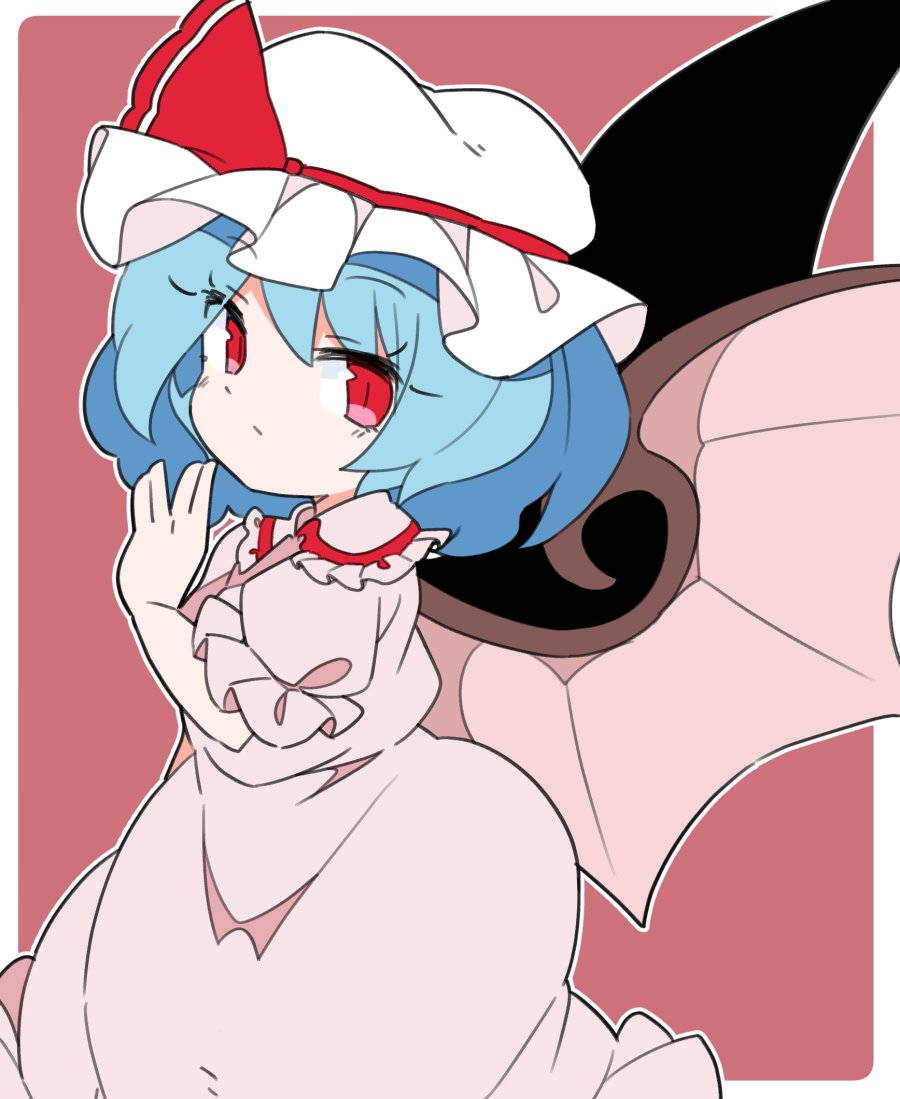 1girl bat_wings blue_hair closed_mouth cowboy_shot dress eyebrows_visible_through_hair frilled_skirt frills hand_up hat ini_(inunabe00) looking_at_viewer mob_cap pink_dress pink_shirt pink_skirt puffy_short_sleeves puffy_sleeves red_background red_eyes red_ribbon remilia_scarlet ribbon shirt short_hair short_sleeves simple_background skirt solo touhou wings