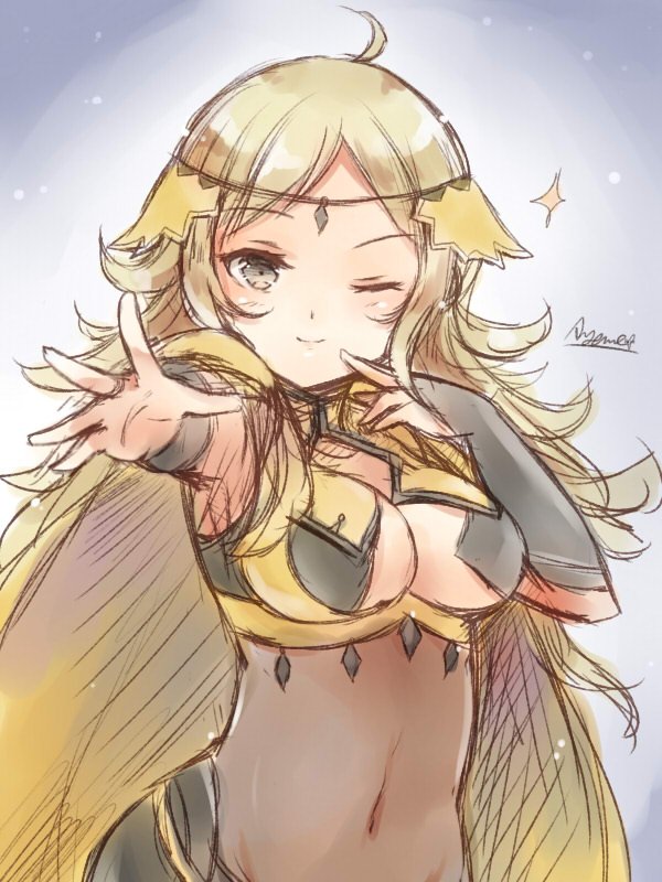 1girl ahoge ayame_(norie11) bangs breasts bridal_gauntlets cape circlet fire_emblem fire_emblem_fates grey_eyes long_hair looking_at_viewer medium_breasts navel one_eye_closed ophelia_(fire_emblem) outstretched_arm simple_background turtleneck