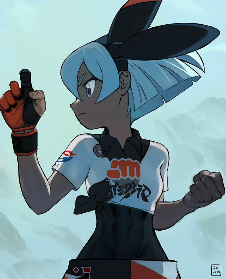 1girl bangs bea_(pokemon) black_bodysuit black_hairband bodysuit bodysuit_under_clothes bow_hairband breasts clenched_hand closed_mouth collared_shirt commentary covered_navel dark_skin dark-skinned_female english_commentary frown gloves grey_eyes grey_hair gym_leader hairband hands_up john_crayton looking_to_the_side pokemon pokemon_(game) pokemon_swsh print_shirt print_shorts shirt short_hair short_sleeves shorts single_glove solo tied_shirt wristband