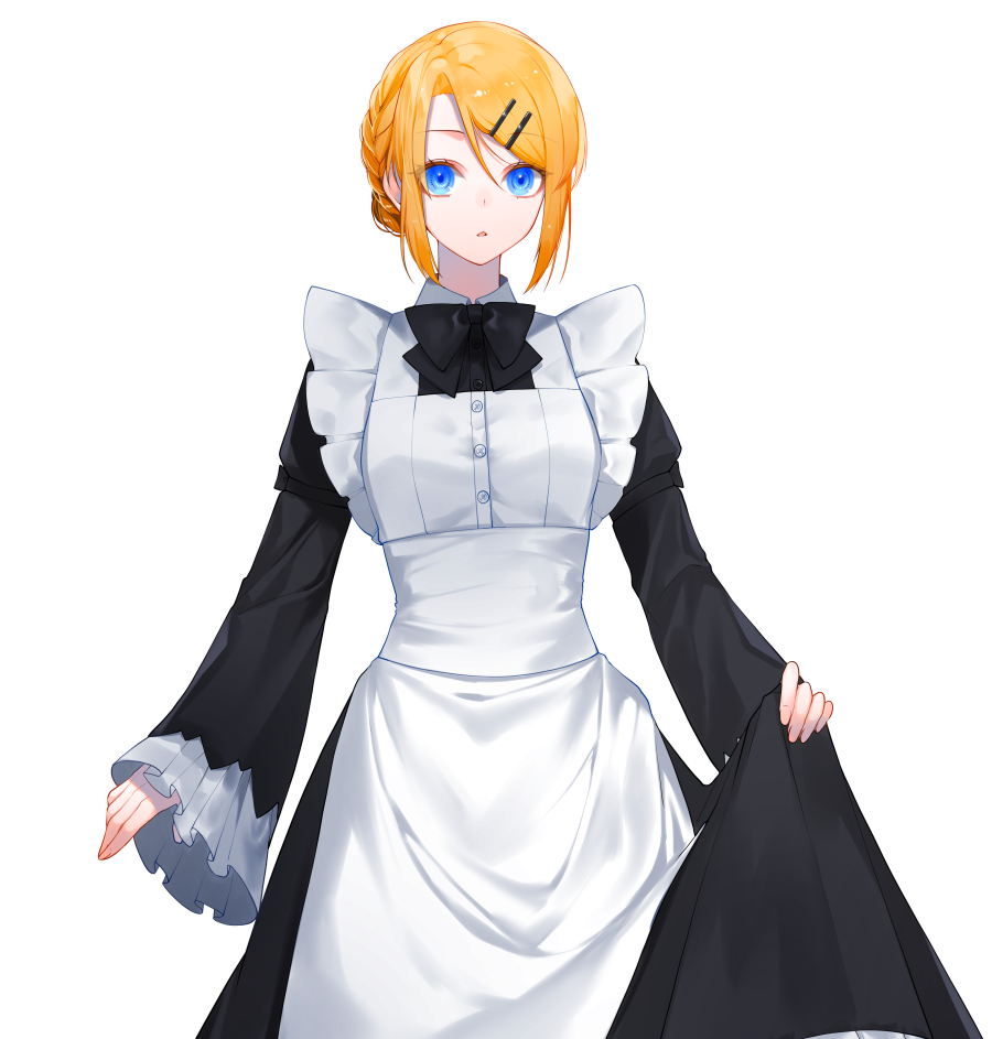 1girl apron bangs black_bow black_dress blonde_hair blue_eyes bow bowtie braid cowboy_shot dress dress_lift eyebrows_visible_through_hair frills hair_ornament hairclip lifted_by_self long_sleeves looking_at_viewer maid maid_apron open_mouth original short_hair simple_background sleeves_past_wrists solo upper_body waka_(shark_waka) white_apron white_background