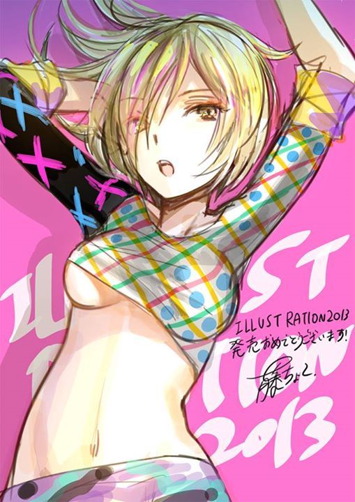 1girl 2013 arms_up blonde_hair breasts crop_top fuzichoco hair_over_one_eye illustration.media medium_breasts midriff navel open_mouth original pink_background shadow short_sleeves solo under_boob upper_body