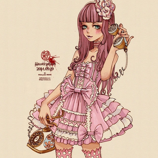 1girl aqua_eyes bangs blunt_bangs blush bow cowboy_shot dress frills heart hideyuki_mori lolita_fashion long_hair original phone pink_bow pink_dress purple_hair rotary_phone smile solo tan_background thigh-highs