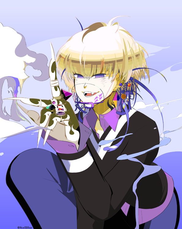 1boy bangs black_sweater blonde_hair collared_shirt earrings fingernails hand_up jewelry long_sleeves miki_0 original parted_lips purple_shirt sharp_fingernails shirt short_hair smile smoke solo sweater upper_body violet_eyes