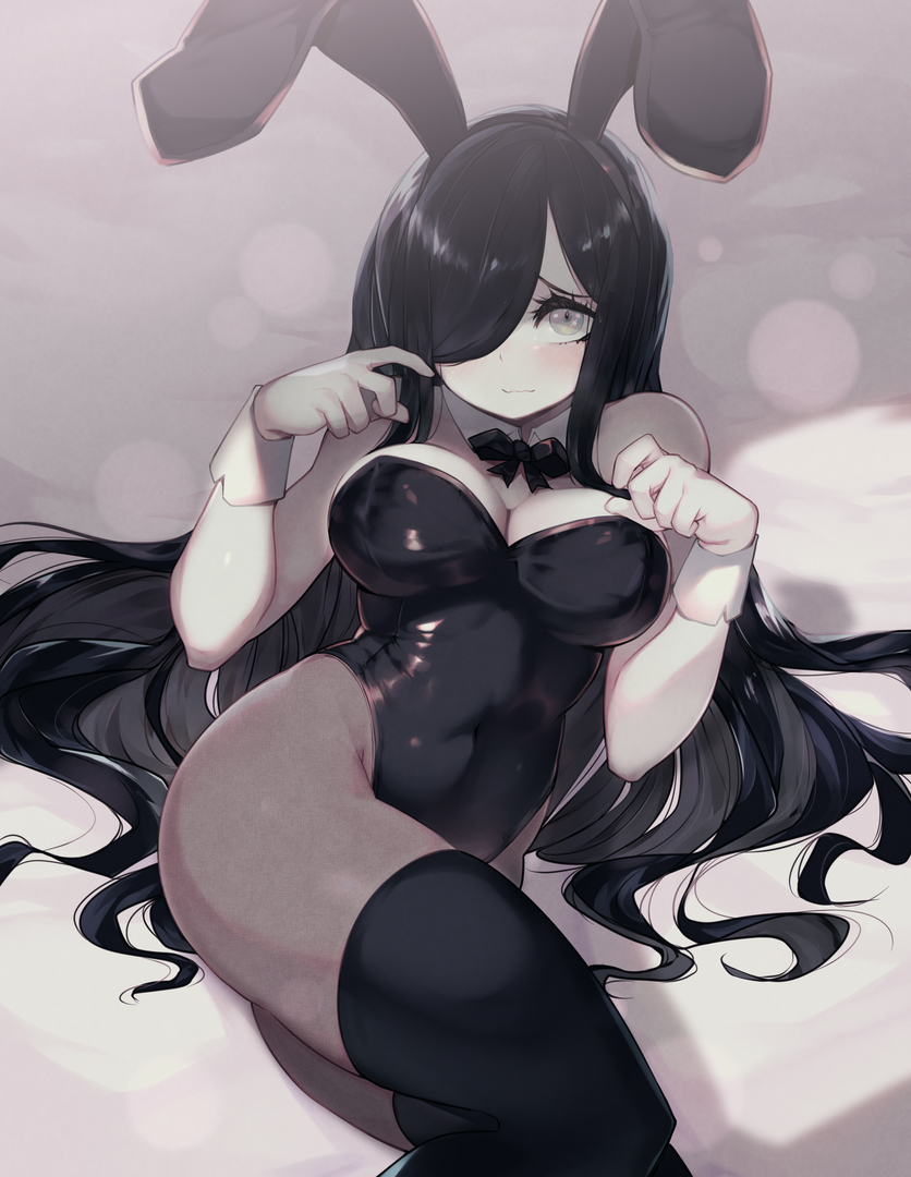 1girl animal_ears black_hair black_legwear black_leotard black_neckwear bow bowtie breasts detached_collar fake_animal_ears hair_over_one_eye hands_up large_breasts leotard long_hair original pantyhose parororo playboy_bunny rabbit_ears shadow solo strapless strapless_leotard thigh-highs very_long_hair wrist_cuffs