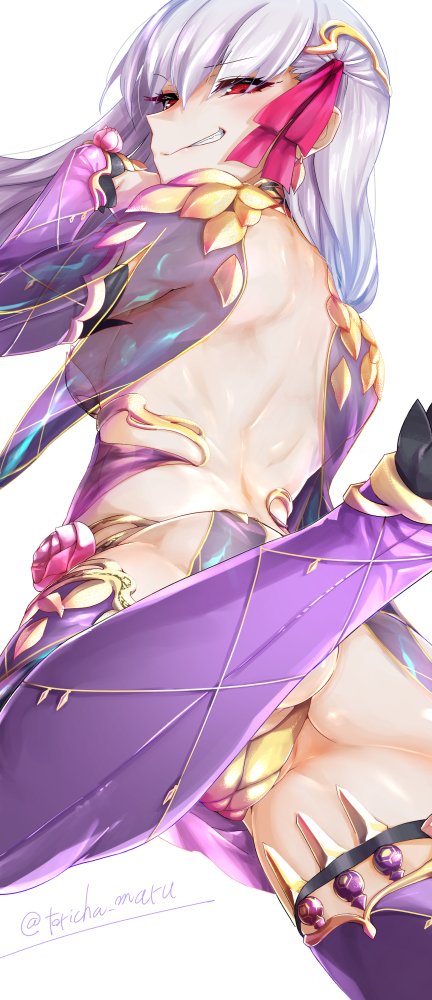 1girl armlet armor ass back bangs bare_shoulders bikini_armor blush bracelet breasts circlet collar detached_sleeves dress earrings fate/grand_order fate_(series) grin hair_ribbon jewelry kama_(fate) large_breasts long_hair looking_at_viewer looking_back metal_collar pelvic_curtain purple_dress purple_legwear purple_sleeves red_eyes ribbon sideboob silver_hair smile thigh-highs thighlet thighs torichamaru