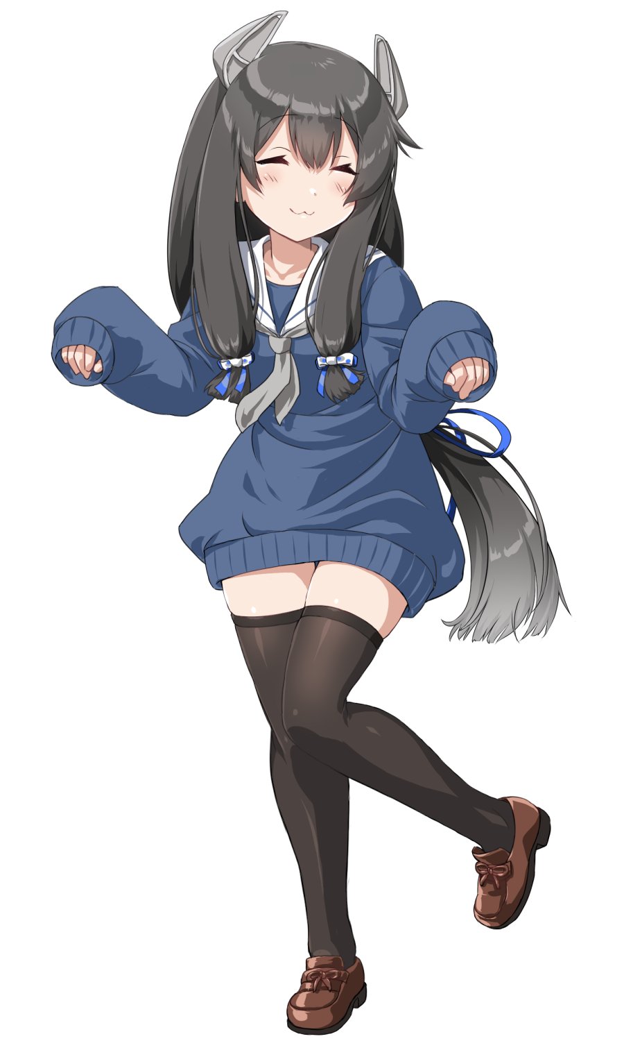 1girl :3 black_hair black_legwear blue_dress blue_sweater brown_footwear closed_eyes commentary_request dancing dd_(ijigendd) dress full_body hair_ribbon headgear highres i-47_(kancolle) kantai_collection loafers long_hair low-tied_long_hair ribbon sailor_dress shoes sidelocks simple_background sleeves_past_wrists solo sweater sweater_dress thigh-highs tress_ribbon white_background