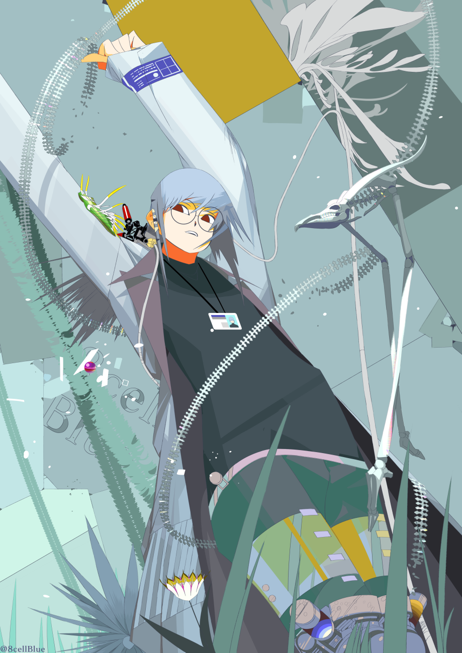 ambiguous_gender arms_up black_shirt coat cowboy_shot flower glasses grey_coat hair_ornament highres leaf long_sleeves miki_0 original plant red_eyes round_eyewear shirt skeleton white_flower