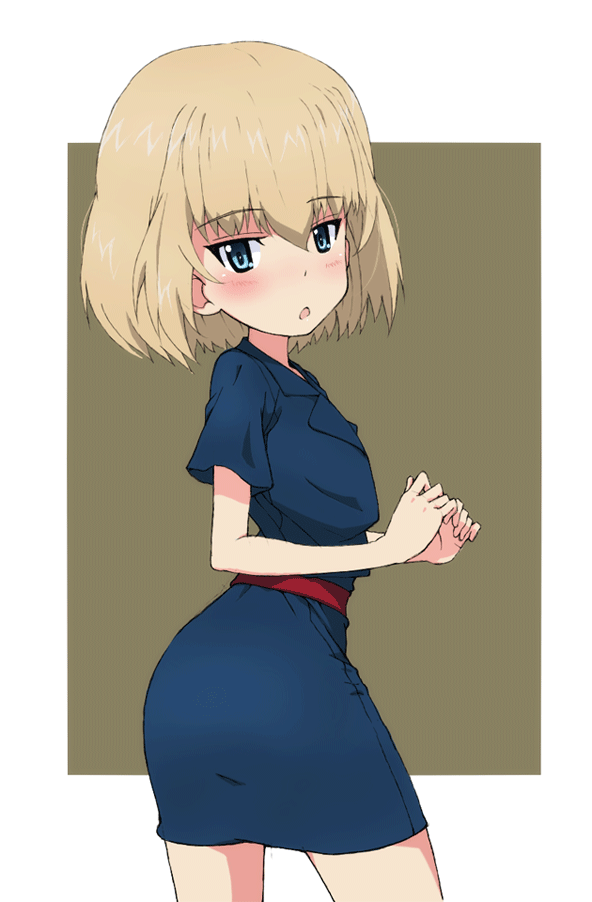 1girl bangs belt blonde_hair blue_dress blue_eyes blush bob_cut brown_background casual collared_dress commentary cowboy_shot dress eyebrows_visible_through_hair from_side frown girls_und_panzer katyusha_(girls_und_panzer) kayabakoro looking_at_viewer looking_back open_mouth outside_border pencil_dress red_belt short_dress short_hair short_sleeves solo standing