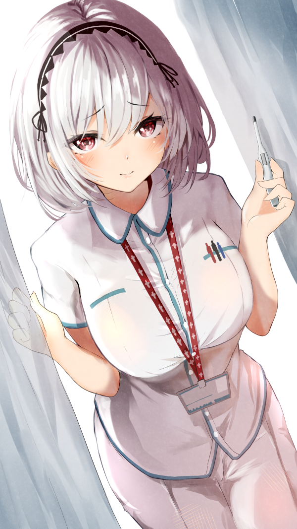 1girl azur_lane blush breasts closed_mouth cowboy_shot dress eyebrows_visible_through_hair holding_thermometer id_card lace-trimmed_hairband lace_trim large_breasts looking_at_viewer nurse raru_(nanaharararu) red_eyes short_hair silver_hair simple_background sirius_(azur_lane) smile solo thermometer white_dress white_hair