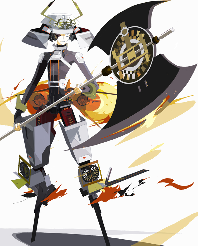 1boy armor axe black_hair cyborg fire full_body hair_over_one_eye helmet holding holding_axe japanese_armor kabuto miki_0 no_feet original shadow short_hair solo standing white_background