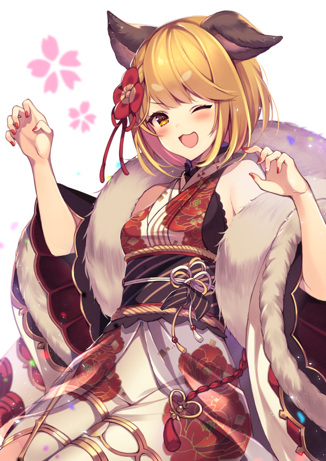 1girl animal_ears bangs blonde_hair blush breasts dog_ears dog_girl erune granblue_fantasy homaderi japanese_clothes kimono long_sleeves looking_at_viewer medium_breasts one_eye_closed open_mouth short_hair smile vajra_(granblue_fantasy) wide_sleeves yellow_eyes