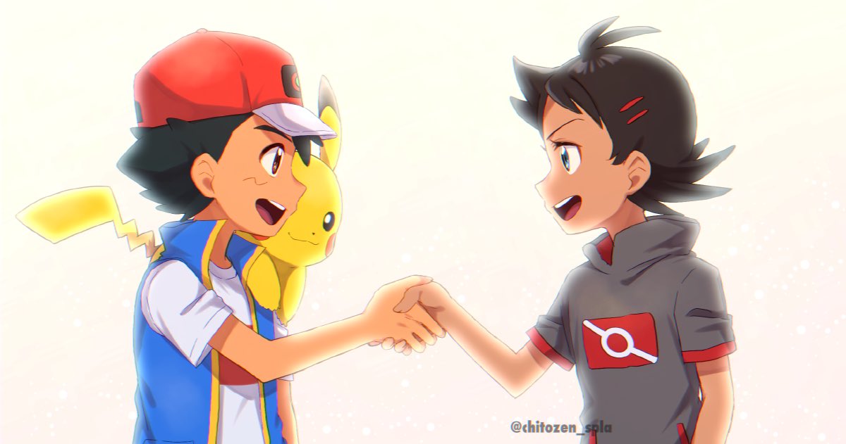 2boys antenna_hair artist_name ash_ketchum baseball_cap black_hair blue_jacket brown_eyes chitozen_(pri_zen) commentary_request eyelashes from_side gen_1_pokemon goh_(pokemon) hair_ornament hand_up hat holding_hand jacket male_focus multiple_boys open_mouth pikachu pokemon pokemon_(anime) pokemon_(creature) pokemon_swsh_(anime) red_headwear shirt short_hair short_sleeves sleeveless sleeveless_jacket smile t-shirt teeth tongue white_shirt