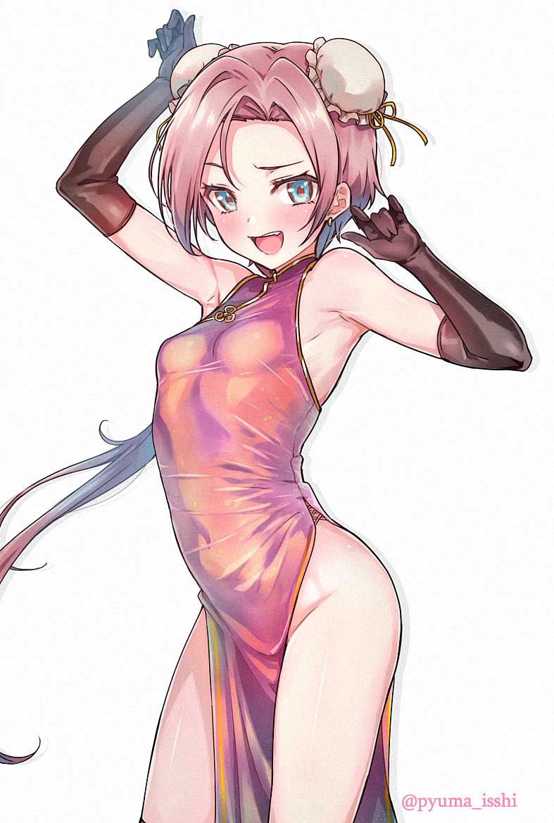 1girl arm_up armpits black_gloves blue_eyes blush breasts brown_hair bun_cover china_dress chinese_clothes double_bun dress earrings elbow_gloves gloves isshi_pyuma jewelry looking_at_viewer open_mouth original pelvic_curtain short_hair side_slit sleeveless small_breasts solo white_background