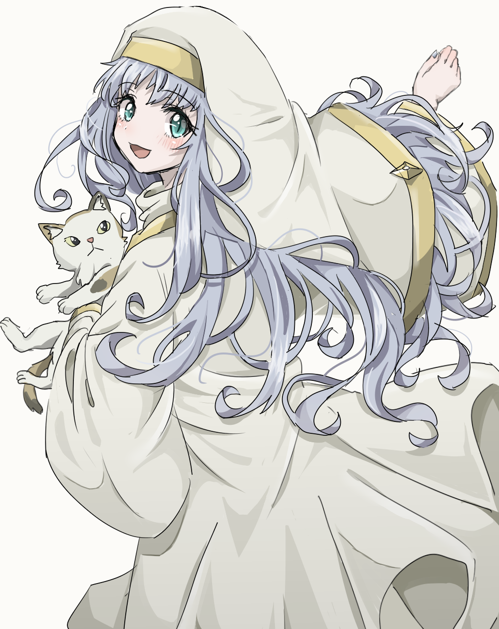 1girl animal azuki_(ckxs7444) beige_background blue_hair blush cat habit highres holding holding_animal index long_hair looking_at_viewer looking_back nun open_mouth robe simple_background solo sphinx_(index) toaru_majutsu_no_index white_headwear white_robe wide_sleeves